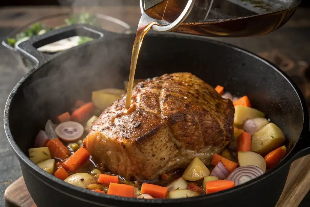 A roasted pork loin is being basted with pan juices in a cast iron pot with root vegetables.