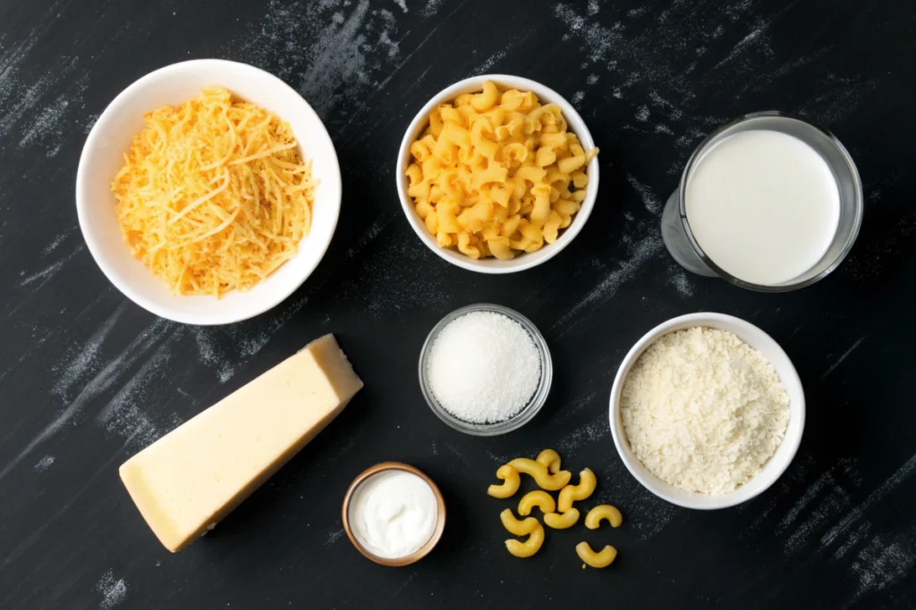 ngredients for mac and cheese arranged on a black background with golden accents