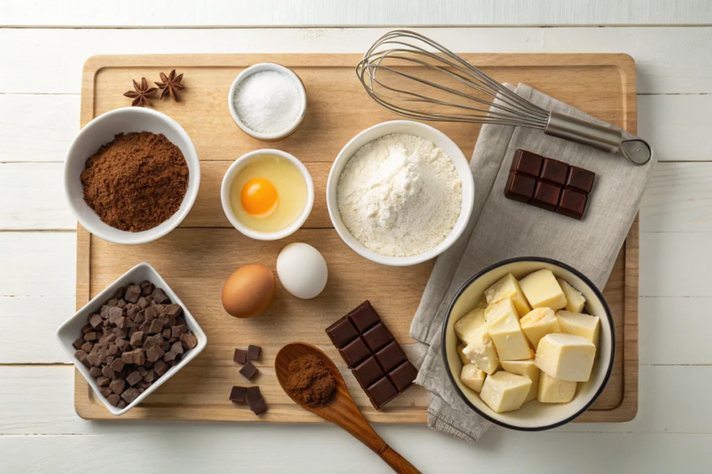 Top view of brownie ingredients on a wooden countertop with eggs, cocoa, and butter.