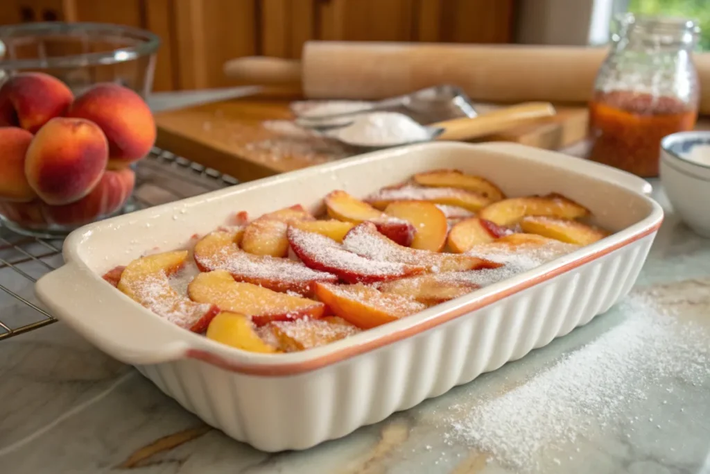 each cobbler baking in the oven with a golden crust forming.