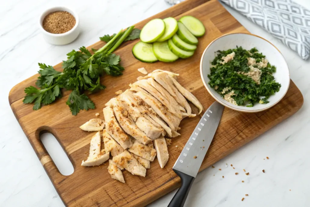 Shredded chicken with herbs, zucchini, and spices on a wooden cutting board