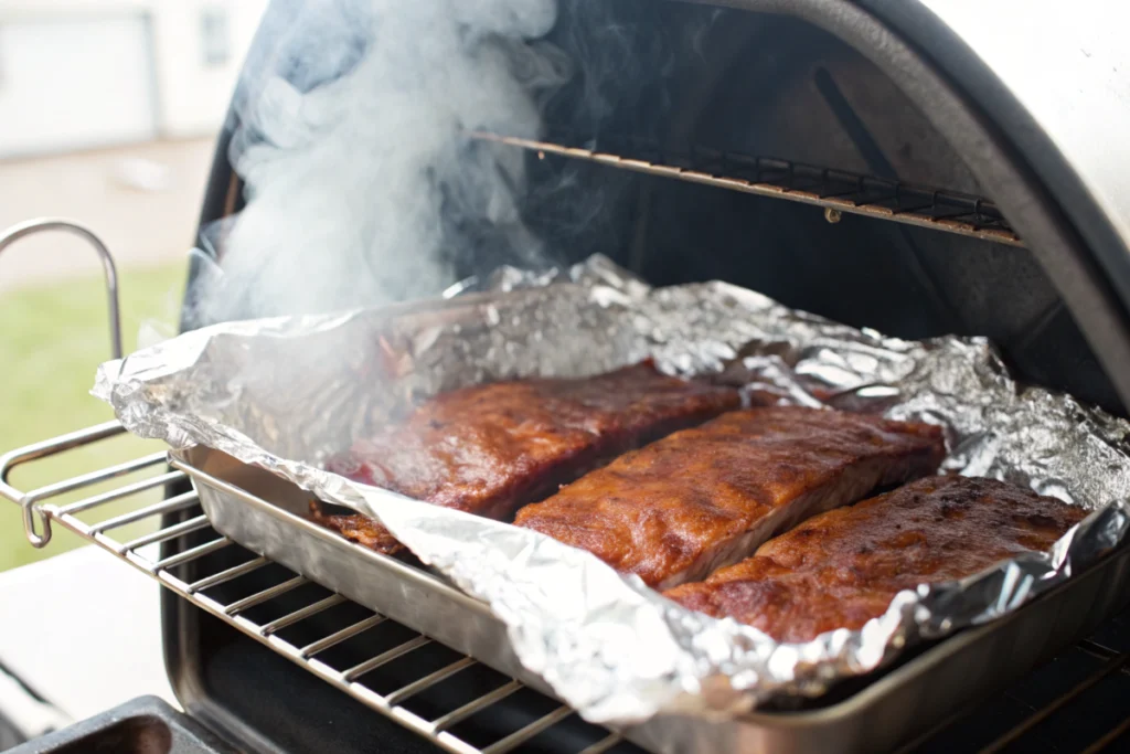 Smoking ribs wrapped in foil with mop sauce for restaurant-style tenderness