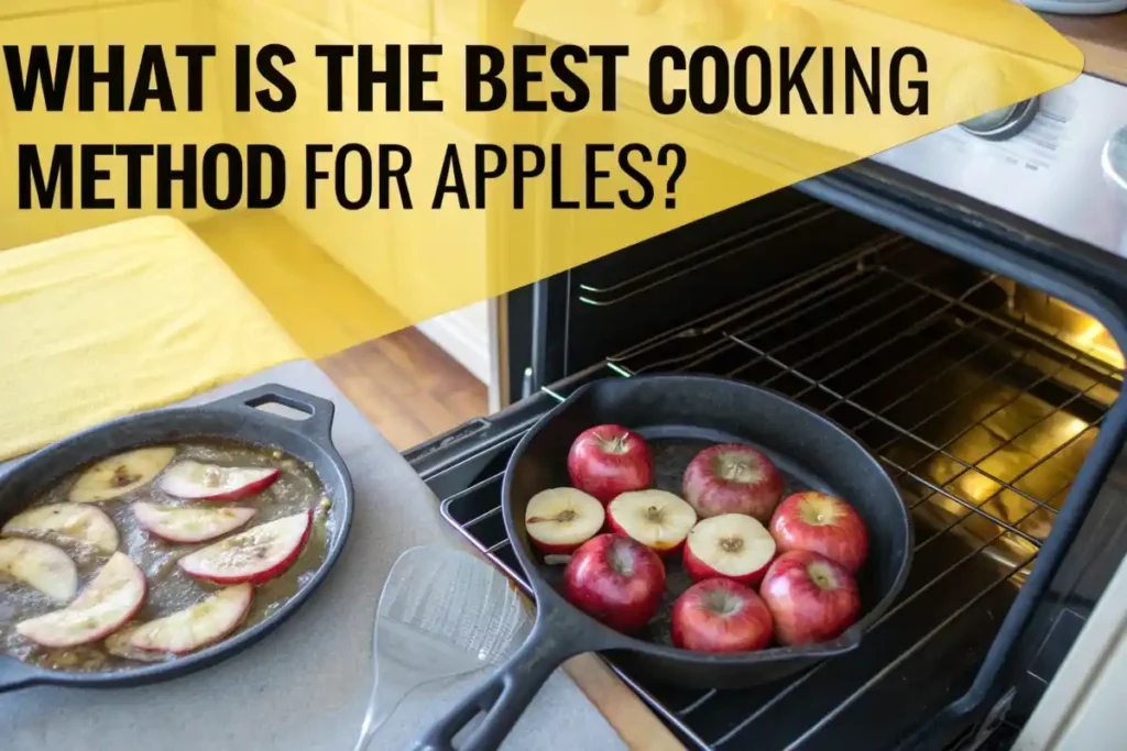 Oven with baked apples and skillet with sautéed apple slices, with a text overlay asking: "What Is the Best Cooking Method for Apples?