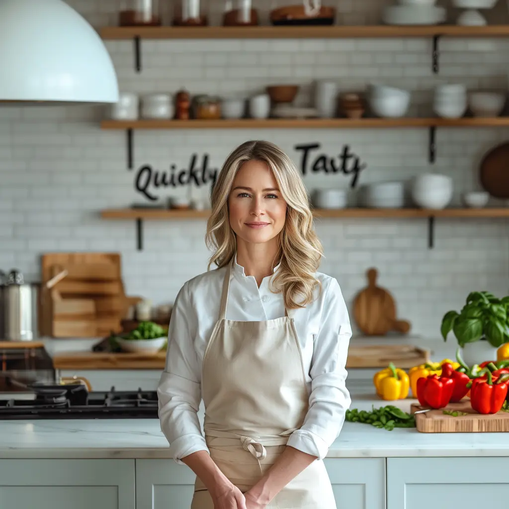 “Photorealistic portrait of a confident woman in a modern kitchen, wearing a white blouse and surrounded by cooking utensils and ingredients.”