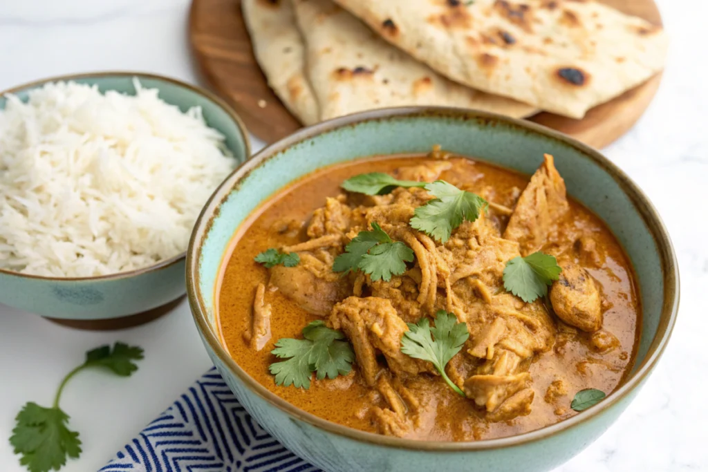 Rotisserie chicken curry served with rice and naan bread.