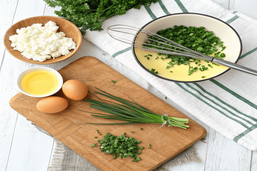 Chopped herbs and egg mixture on a cutting board for scrambled eggs.