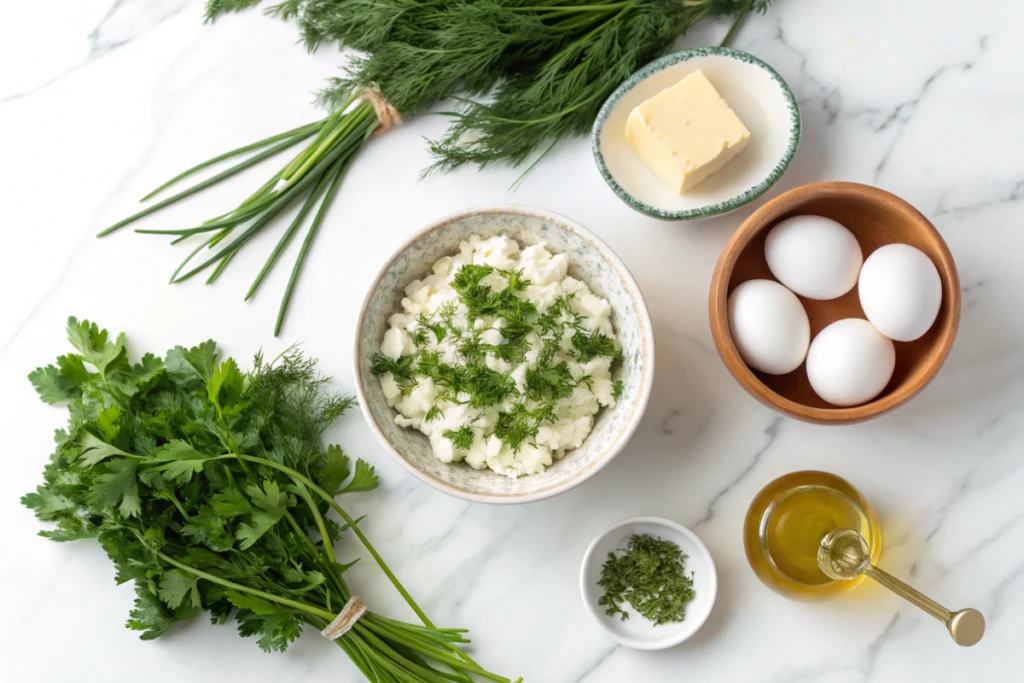 Fresh ingredients for a cottage cheese recipe arranged on a white marble countertop.