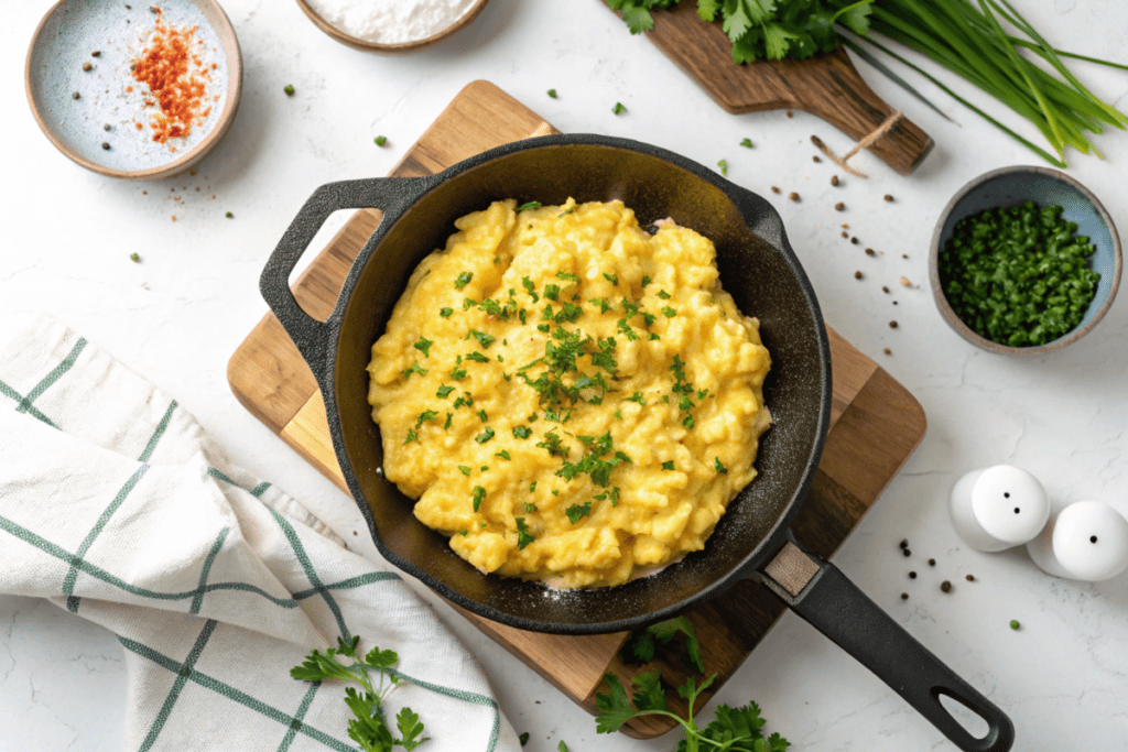 A plate of scrambled eggs with cottage cheese served alongside fresh avocado slices, a slice of toasted sourdough bread, and a garnish of chives. Bright, natural lighting creates a fresh and inviting breakfast setup.