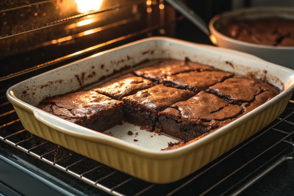 baking in the oven, with the top layer bubbling and edges crisping.