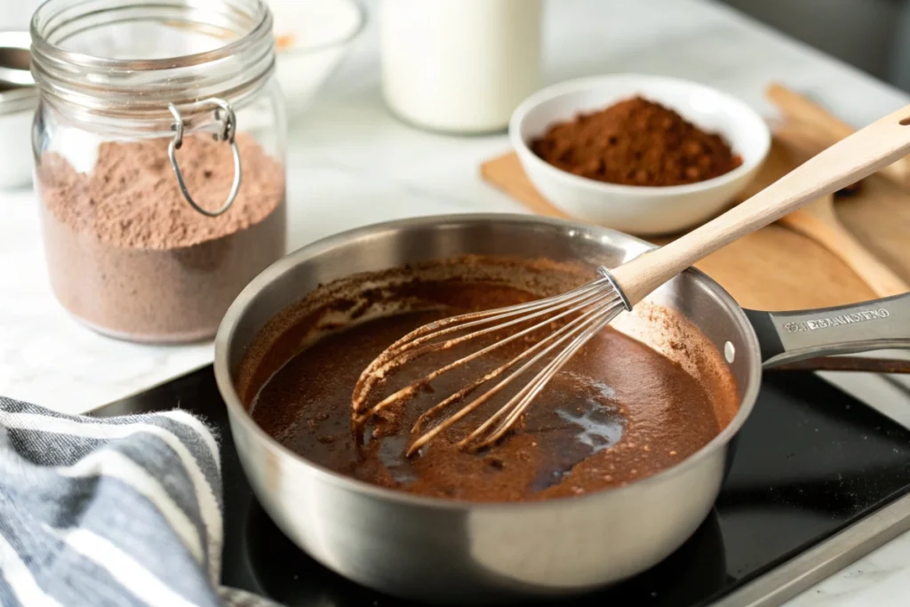Whisking hot cocoa mixture in a saucepan on a stovetop.