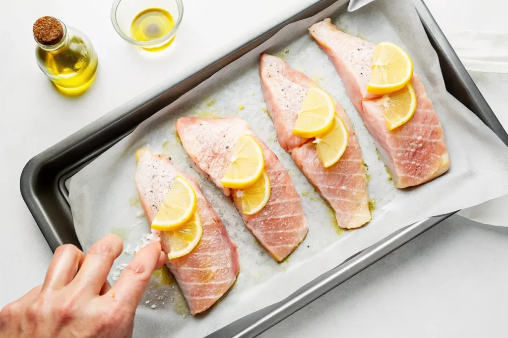 Raw rockfish fillets being seasoned with spices and olive oil, ready for baking.