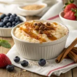 A small white bowl of creamy oatmeal topped with brown sugar, puffed grains, and apple slices sits on a table near fresh berries and cinnamon sticks.