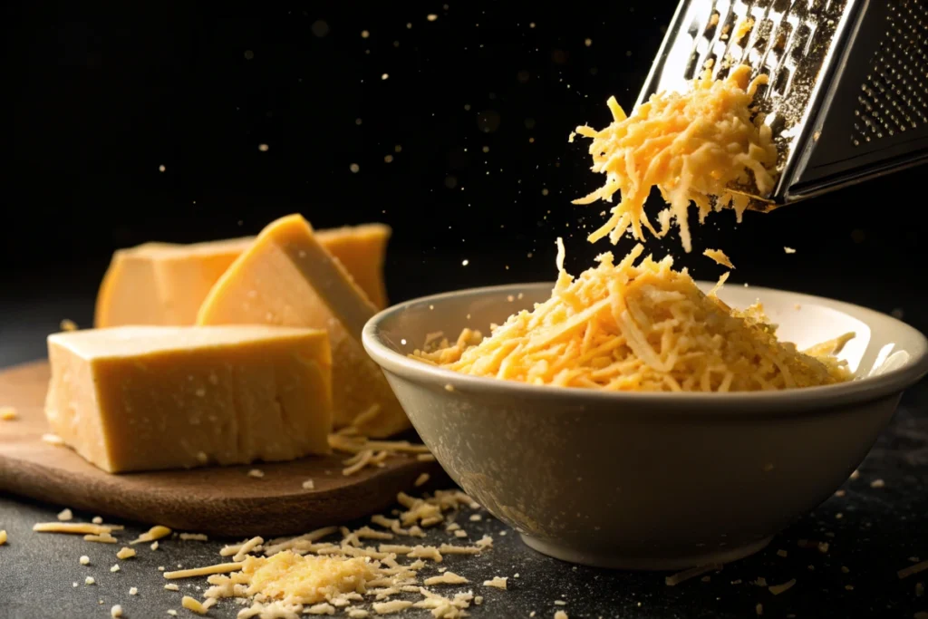 Cheese being grated into a bowl with golden lighting on a black background.