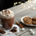 steaming mug of hot cocoa with toppings, served with cookies.