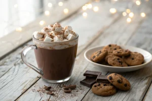 steaming mug of hot cocoa with toppings, served with cookies.