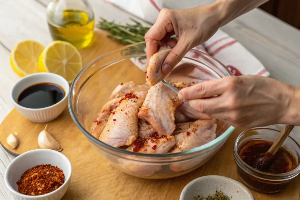 Hands are placing seasoned chicken wings into a glass bowl.