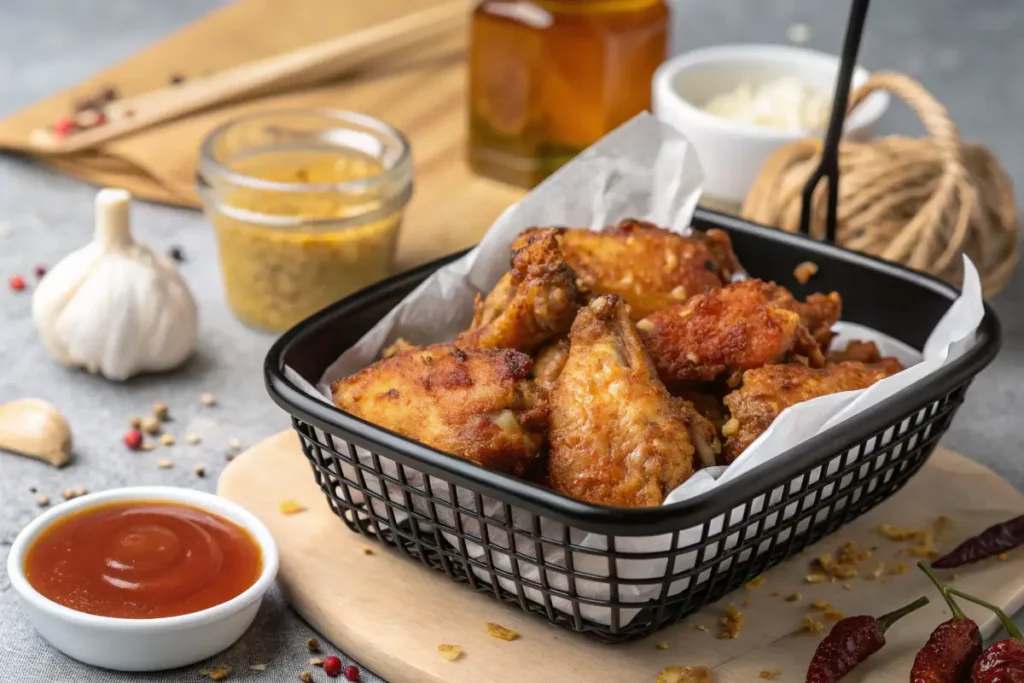 Crispy fried chicken wings are served in a black wire basket.