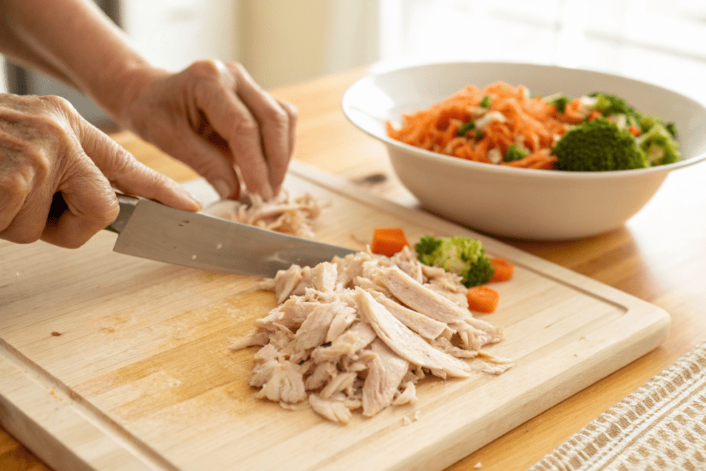 Hands shredding rotisserie chicken on a cutting board with vegetables in the background.