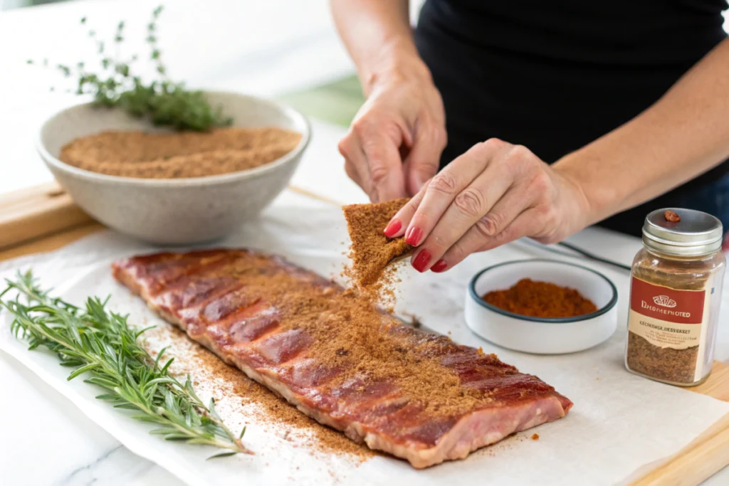 Applying a dry rub to ribs for tenderizing, with seasoning ingredients in view.