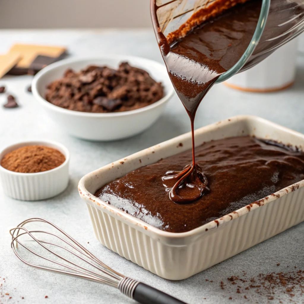 Glossy brownie batter being poured over a layer of Oreo cookies in a baking dish.
