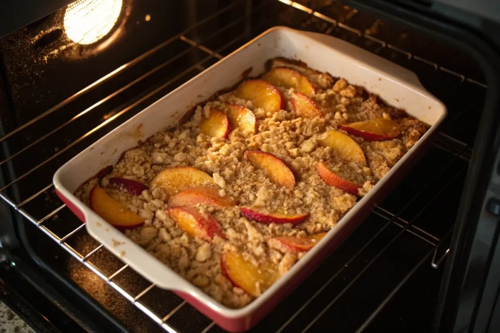 Crumble topping turning golden brown in the oven