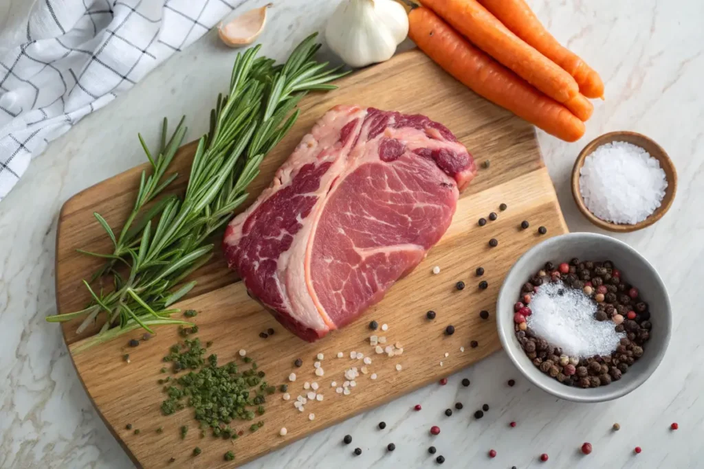 A raw chuck steak sits on a wooden cutting board with seasonings and vegetables.