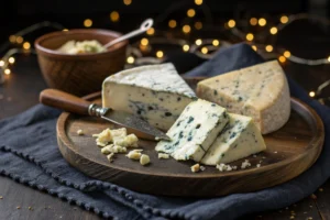 Three wedges of blue cheese and crumbled pieces are arranged on a wooden platter with a cheese knife.
