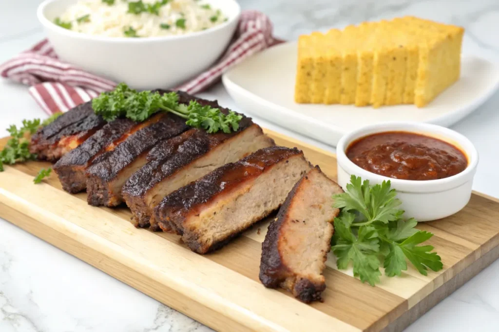 Beef back ribs served with barbecue sauce and sides