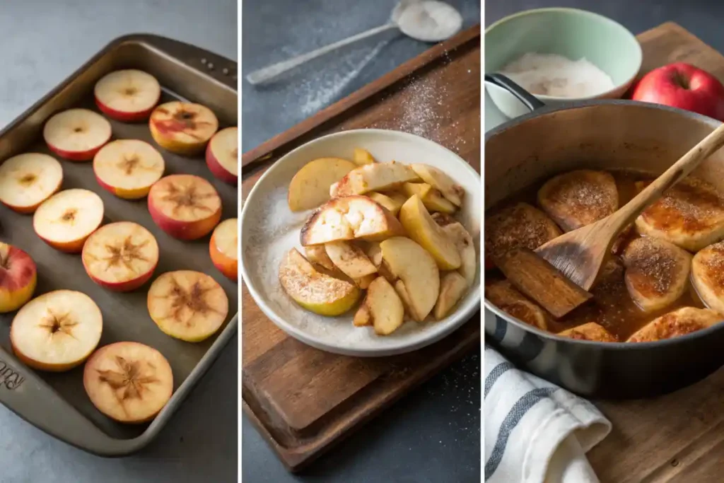 Three cooking techniques for apples: baked apples in a tray, sautéed apple slices in a skillet, and stewed apples in a pot.