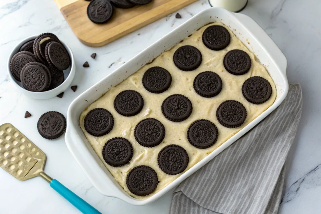 oreo cookies layered on top of cookie dough in a baking dish.Slutty Brownie Recipe: