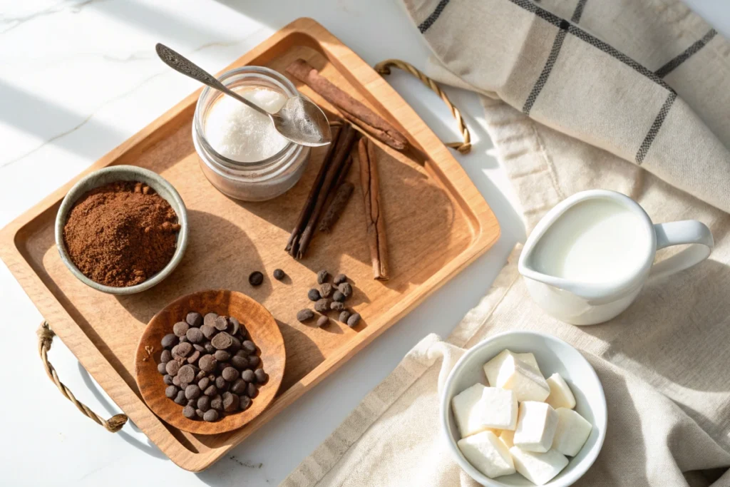 Ingredients for homemade hot cocoa displayed on a rustic wooden tray.