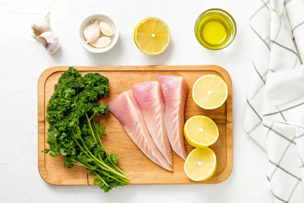 Top-down view of fresh ingredients for rockfish recipes arranged neatly on a wooden cutting board. Raw rockfish fillets, lemon slices, fresh parsley, garlic cloves, and olive oil in a small glass bowl create a colorful and fresh setup. The background is a clean white countertop with soft, natural lighting.