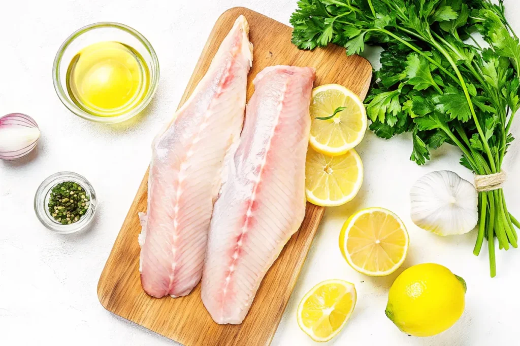 Cooked rockfish with fresh ingredients on a plate, surrounded by kitchen prep tools in warm lighting