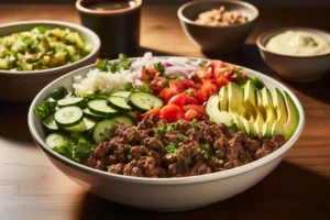 Overhead shot of a finished burger bowl featuring romaine lettuce, ground beef, avocado slices, cherry tomatoes, shredded cheese, pickles, and a drizzle of ranch dressing. Garnished with fresh parsley, placed