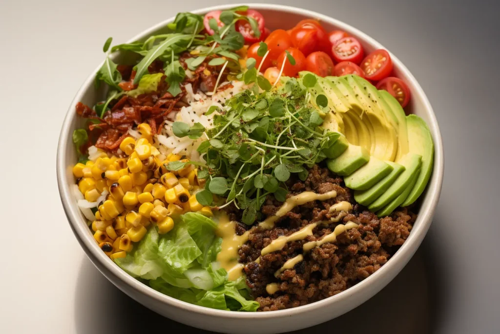 Overhead shot of a finished burger bowl featuring romaine lettuce, ground beef, avocado slices, cherry tomatoes, shredded cheese, pickles, and a drizzle of ranch dressing. Garnished with fresh parsley, placed on a kitchen countertop.