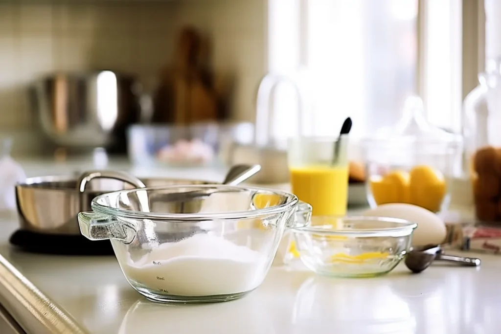 A bowl with sugar, cornstarch, and salt being whisked together for pudding preparation.


