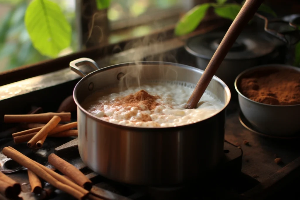 Close-up of a saucepan with rice, milk, and a cinnamon stick simmering on a stovetop. Steam rises gently, and a wooden spoon rests on the pan. A clean, modern kitchen is visible in the background with natural light.