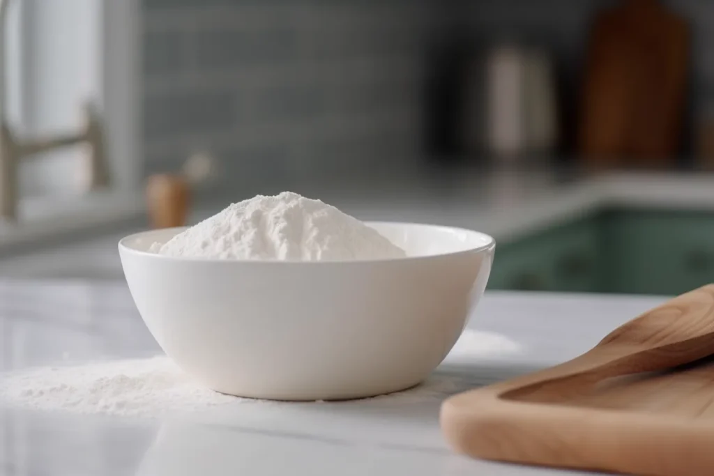 A bowl with sugar, cornstarch, and salt being whisked together for 

