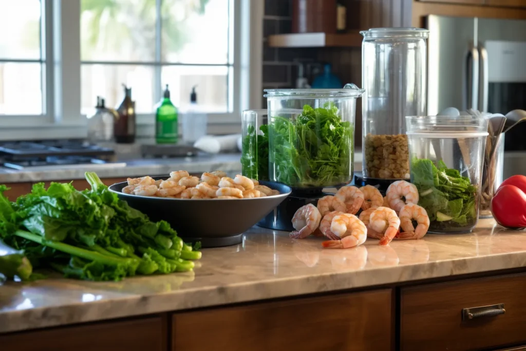 Blending fresh ingredients like shrimp and spinach for a fish food recipe, captured in a clean, bright kitchen.