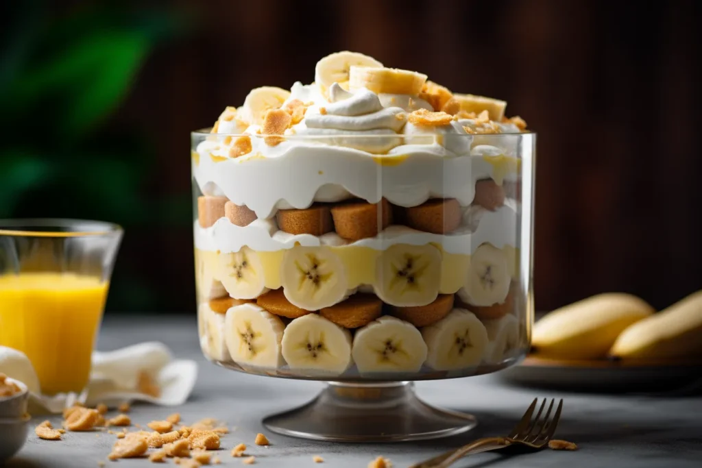 ndividual servings of banana pudding in mason jars, topped with whipped cream and mint.