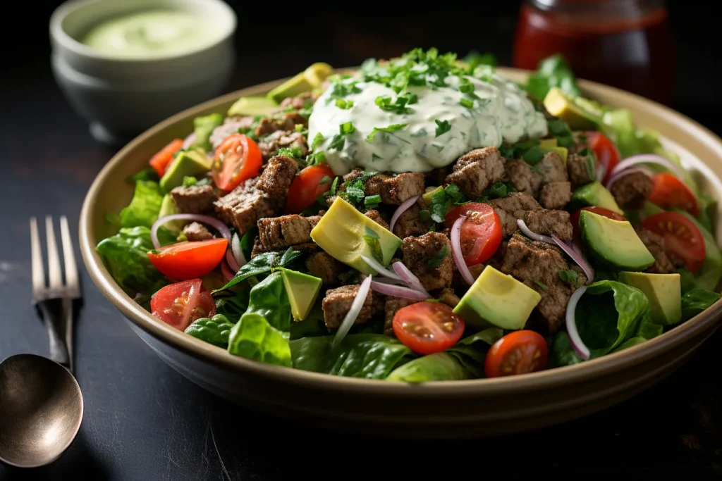 A top-down view of a vibrant keto-friendly meal preparation, featuring fresh ingredients like avocados, lettuce, cherry tomatoes, cheese, olive oil, and grilled ground beef patties, arranged beautifully on a wooden cutting board. Text overlay reads 'Keto Healthy' in elegant, modern font, bright kitchen background
