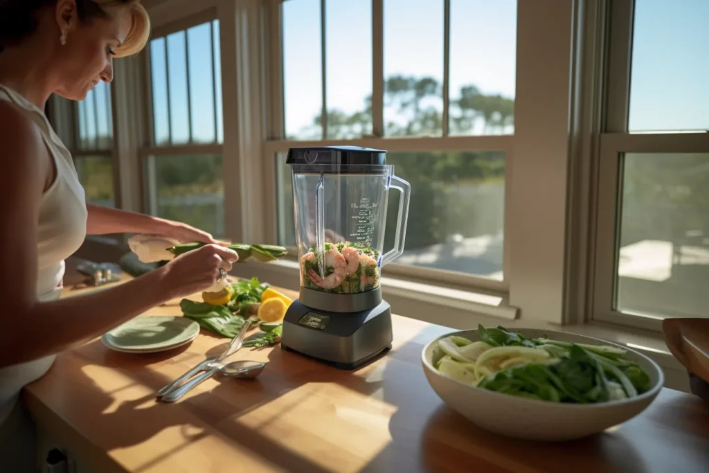 Fresh ingredients for a fish food recipe: shrimp, spinach, peas, spirulina powder, and fish oil on a wooden kitchen counter.