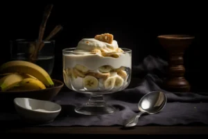 banana pudding stored in a covered glass container inside a refrigerator.