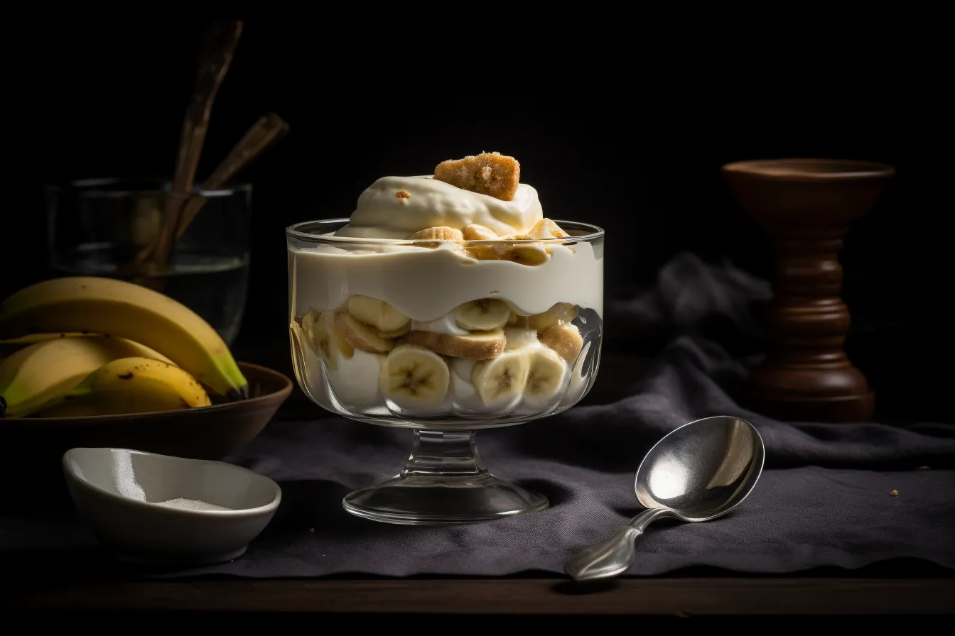 banana pudding stored in a covered glass container inside a refrigerator.