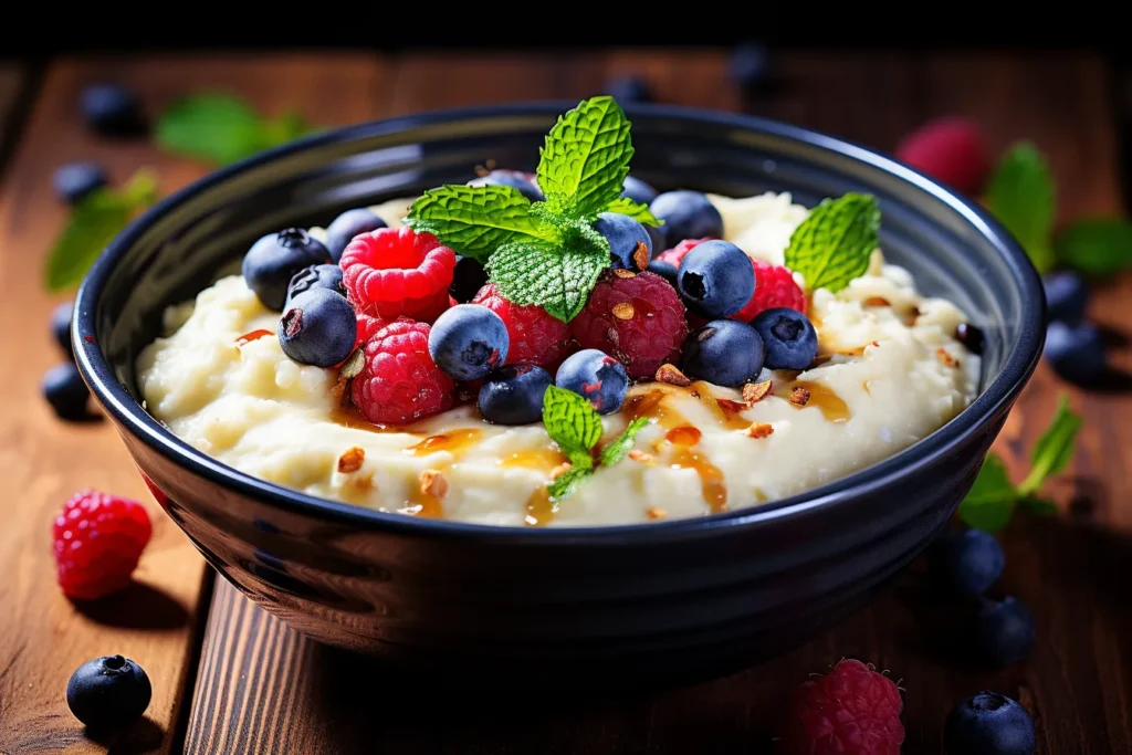A creamy bowl of rice pudding garnished with fresh berries and a drizzle of honey, showcasing a healthy twist on this classic dessert. Is rice pudding healthy? This dish proves it can be nutritious and delicious with mindful preparation