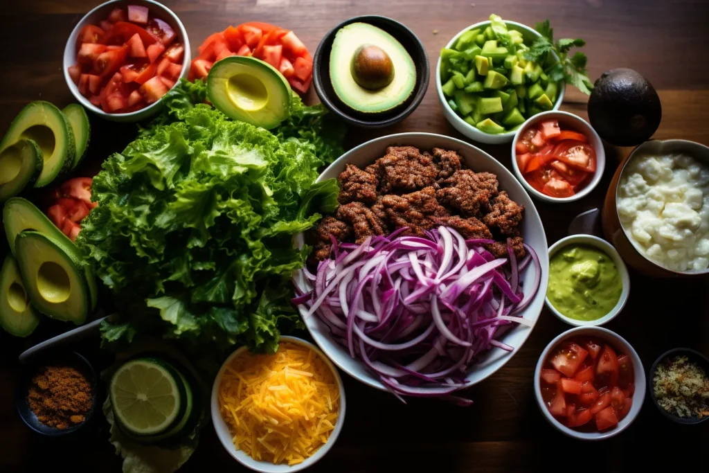 Top-down view of fresh burger bowl ingredients laid out on a wooden table, including lettuce, tomatoes, avocado slices, ground beef, shredded cheese, pickles, and sauces. Perfect for preparing a healthy, low-carb meal.