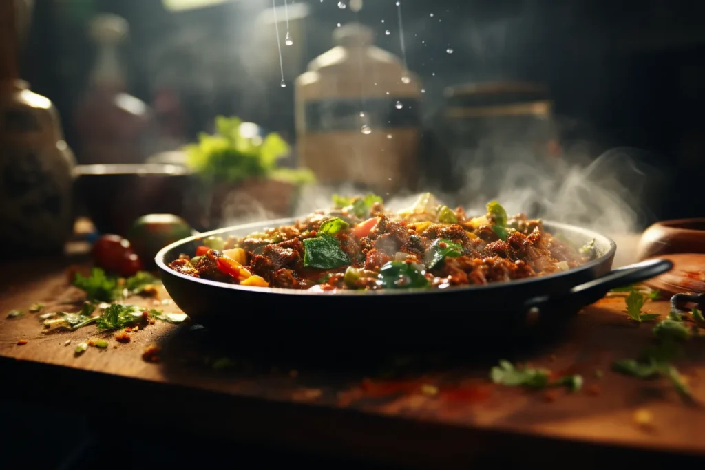 Close-up of ground beef cooking in a cast-iron skillet, with steam rising and spices sprinkled on top. Fresh vegetables like lettuce and tomatoes are blurred in the background, ready for the burger bowl assembly.