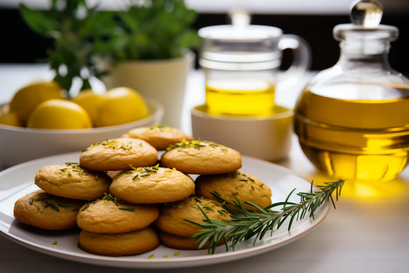 : A plate of golden olive oil cookies with a cup of tea or coffee in the background.