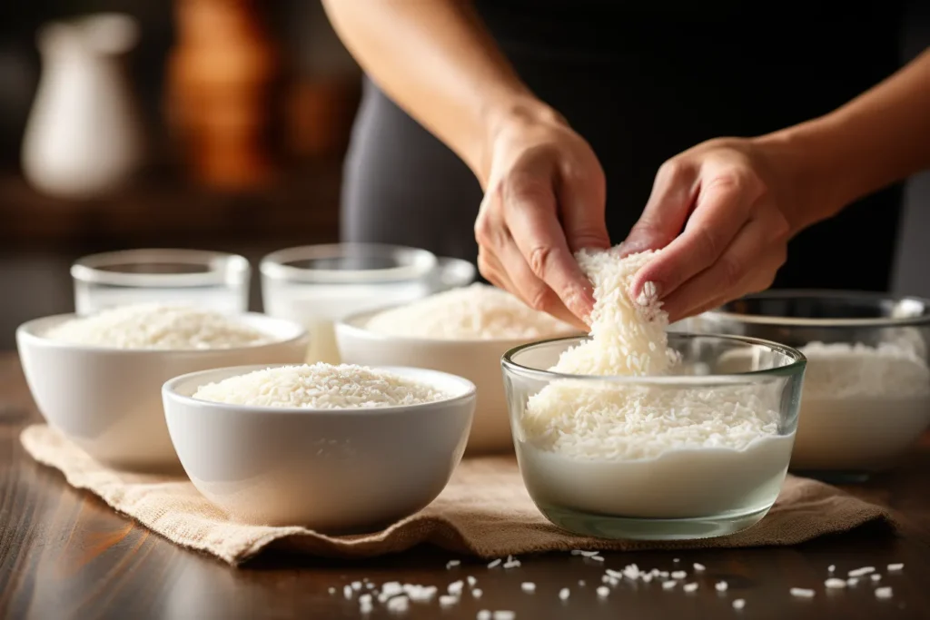 Hands measuring rice and milk using measuring cups, highlighting the accuracy 