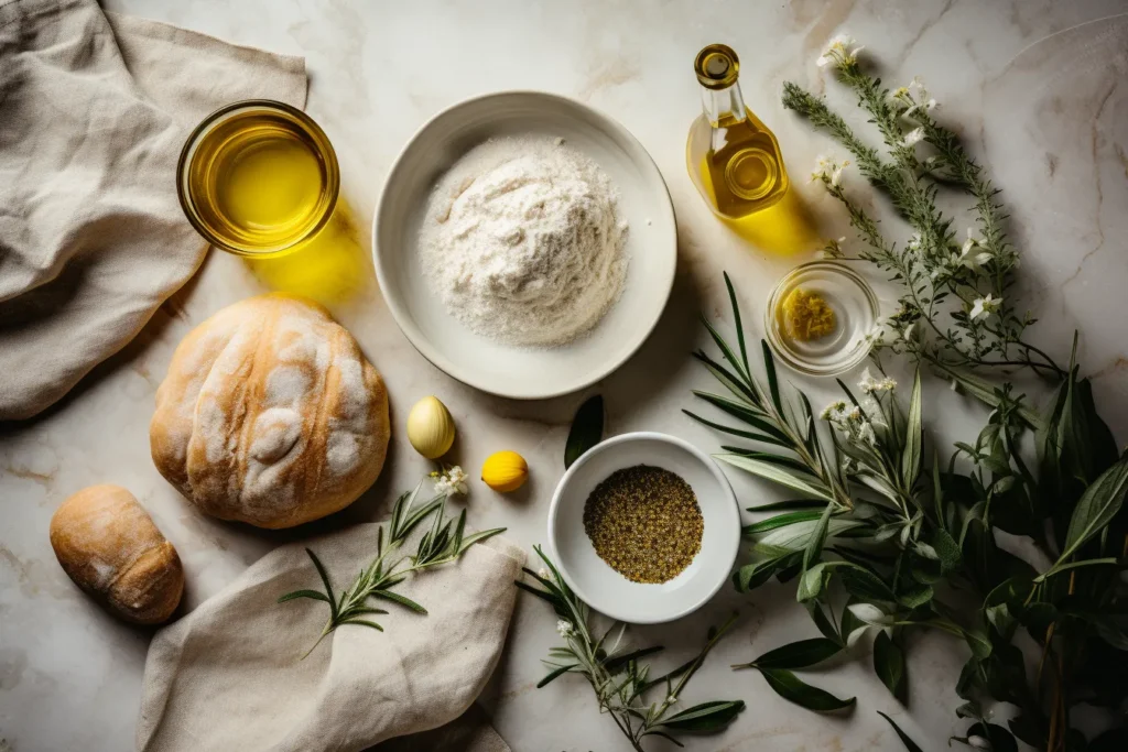 ngredients Spread: A flat-lay of the main ingredients (olive oil, flour, sugar, etc.) arranged neatly on a rustic kitchen
